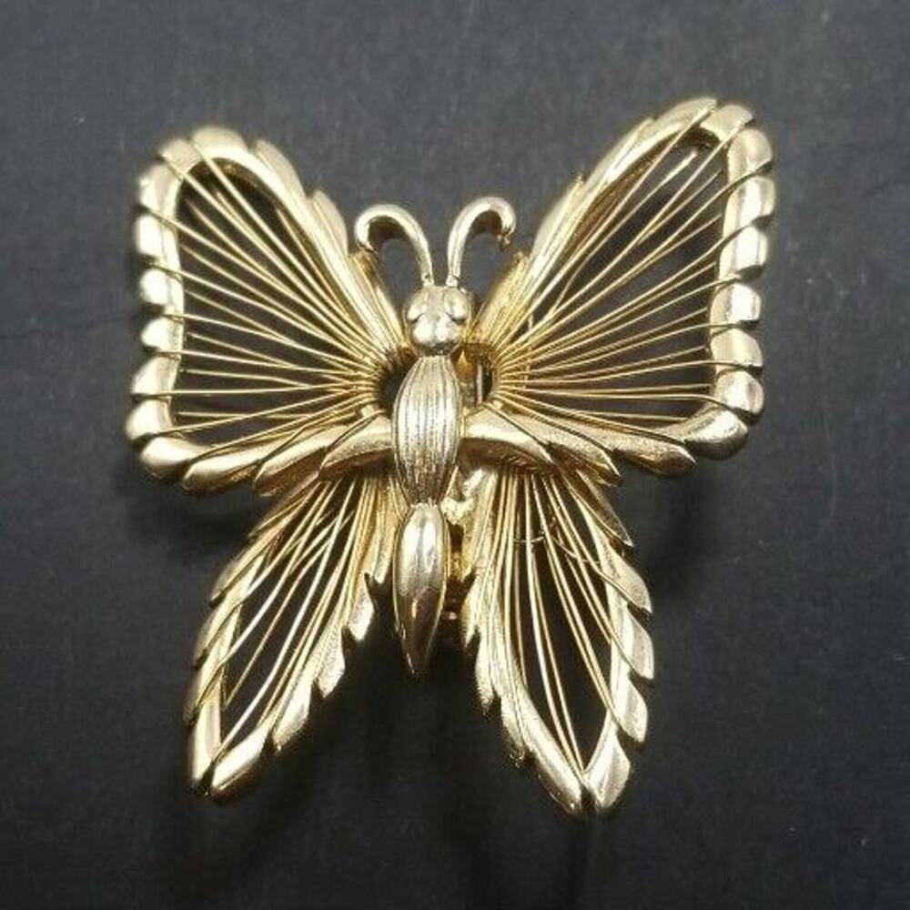 Vintage Brooch Pin Butterfly with Wire Wings Gold Tone With Gift Box